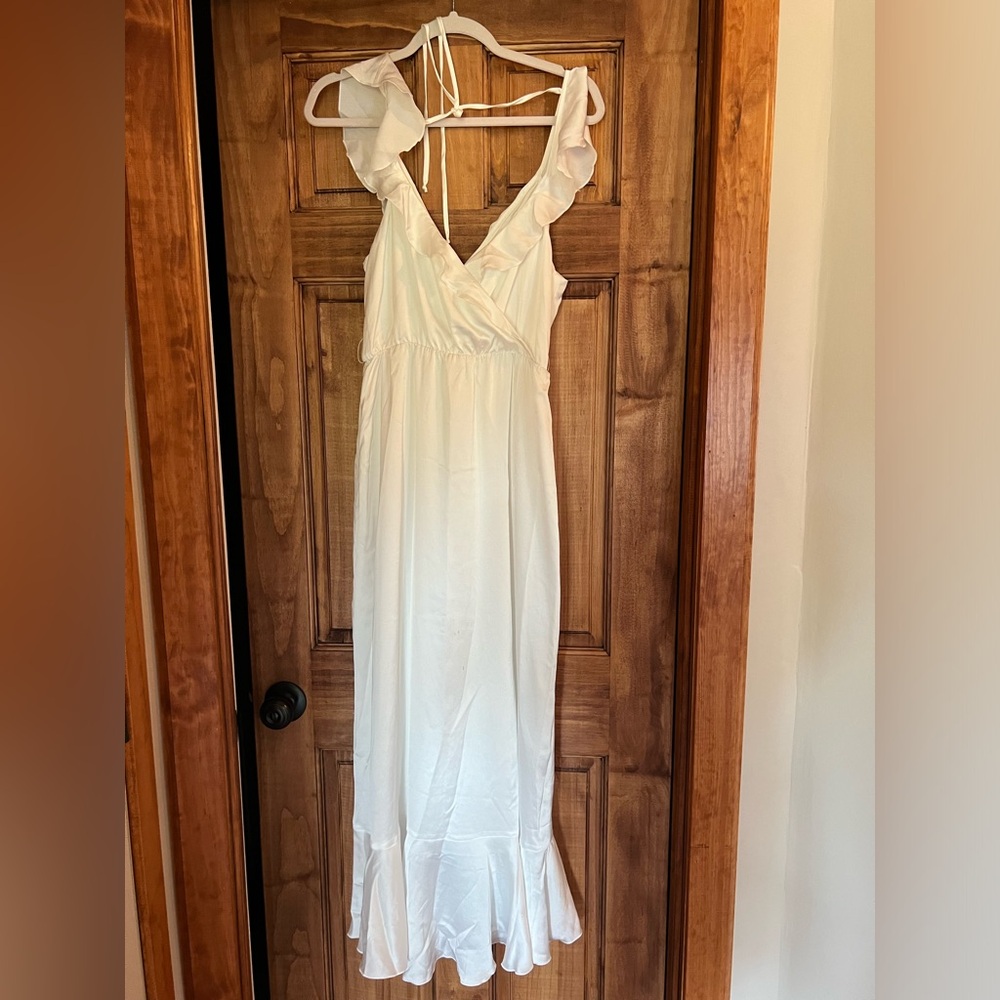 Show Me Your Mumu Samantha Ruffle Wrap Dress Ivory Luxe Satin